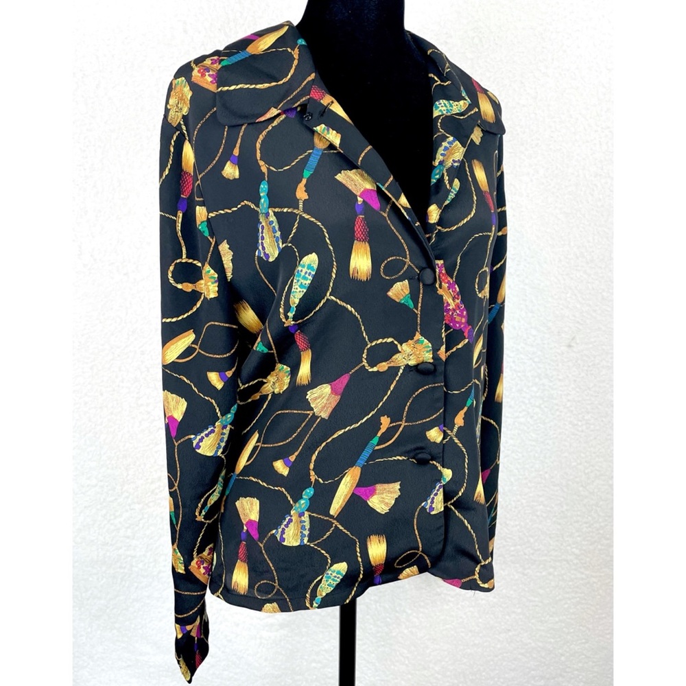 (VTG) CHRISTIE & JILL • Black Tassel Print Long Sleeve Blouse, 8 - Picture 4 of 15